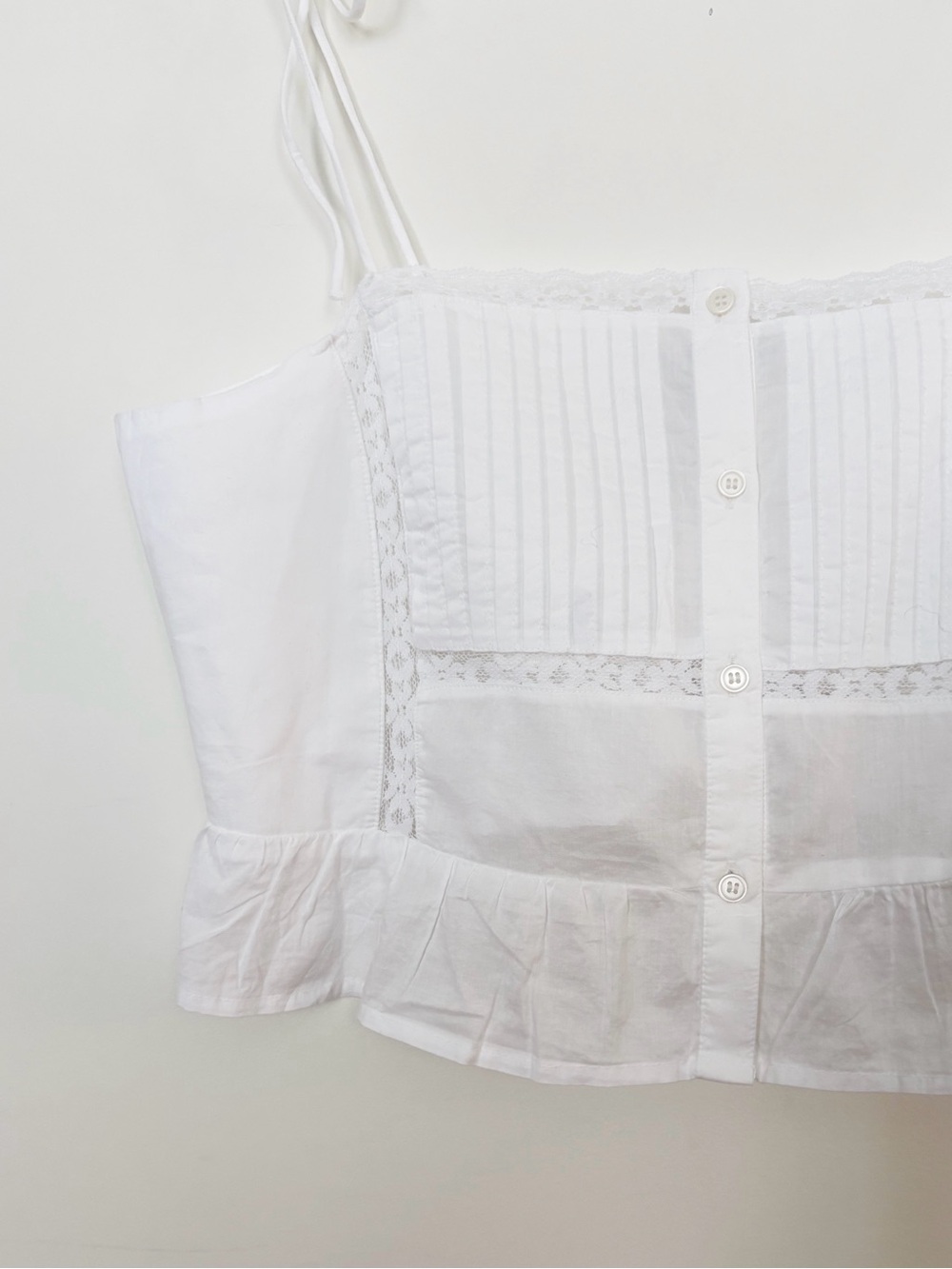H&M Lace Ruffle-trimmed Shoulder-tie Pleated Cotton Cami in White Size Medium - Picture 8 of 9